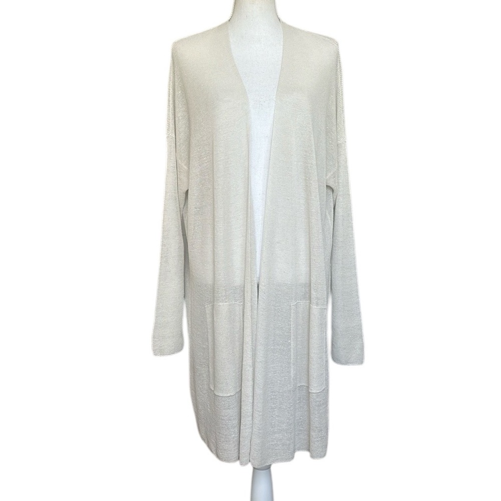 Eileen Fisher Off-White Linen Open Front Cardigan w/ Pockets in Natural Size L